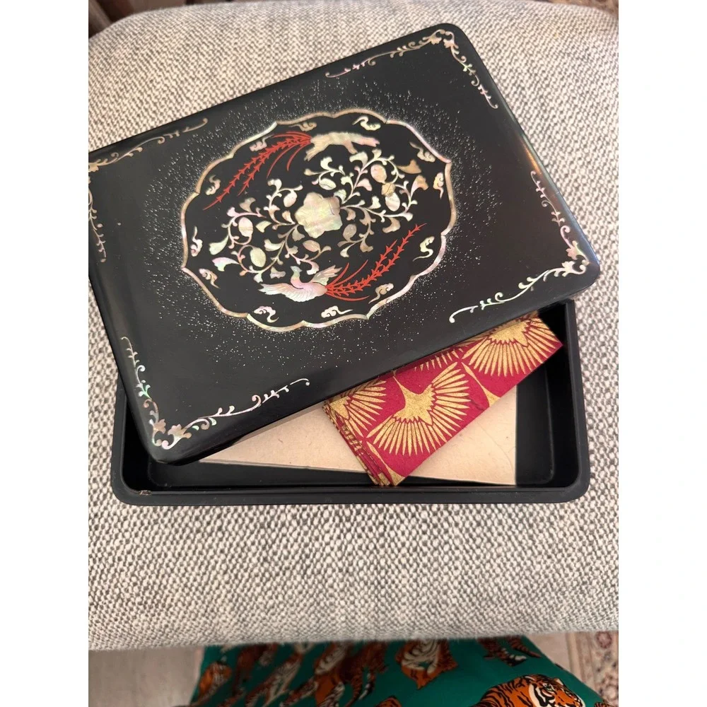 Korean Black Lacquer Box Mother of Pearl Inlay Phoenix Floral Hanji Najeonchilgi